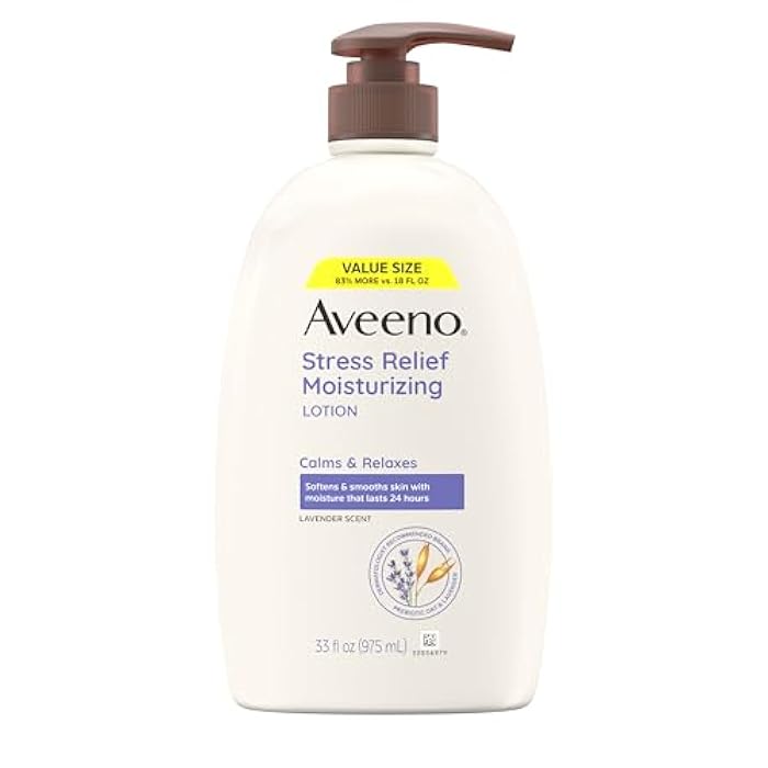 Aveeno Stress Relief Moisturizing Body Lotion 33 Fl Oz, Lavender Scent with Prebiotic Oat, Hydrating 24-Hour Moisturizer Non-Greasy for Dry Sensitive Skin, Paraben & Dye Free, Calming & Relaxing - Image 1